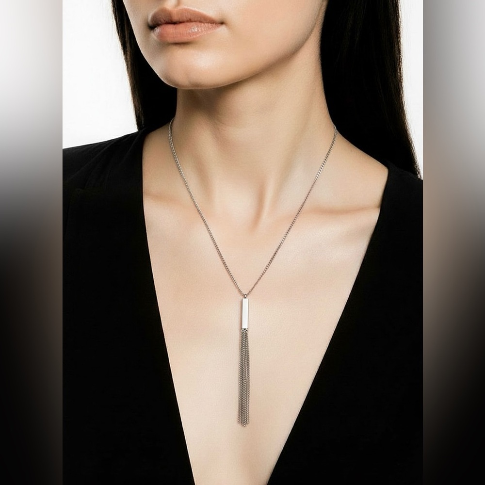 Silver Tone Bar Tassel Necklace Long Chain Statement 18.5"
